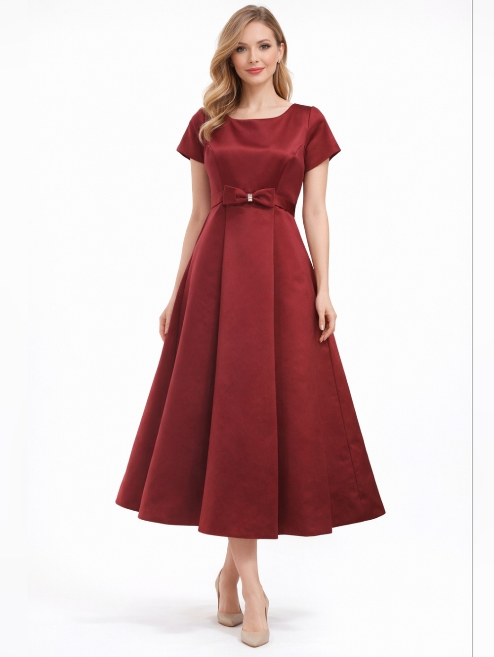 Round Neck Cap Sleeve Red Ballroom Swing Dress Retro Party – Size Large A-line